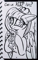 Size: 2116x3366 | Tagged: safe, artist:gleamydreams, oc, oc only, oc:powder floof, pegasus, pony, black and white, female, grayscale, hat, ink drawing, kitten, mare, monochrome, pegasus oc, traditional art, wings