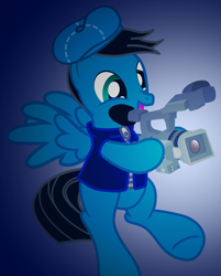 Size: 5172x6448 | Tagged: safe, artist:agkandphotomaker2000, oc, oc:pony video maker, pegasus, pony, camera, clothes, director's hat, happy, jacket, show accurate, video camera, wings