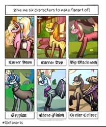 Size: 854x1024 | Tagged: safe, artist:shadow heart, big macintosh, carrot top, golden harvest, luster dawn, photo finish, stellar eclipse, stygian, earth pony, parasprite, pegasus, pony, unicorn, bag, book, bucking, building, chest fluff, cloak, clothes, curved horn, ear fluff, female, freckles, glowing horn, hairband, horn, looking up, magic, male, mare, outdoors, raised hoof, saddle bag, scarf, six fanarts, stallion, sunglasses, telekinesis, tree, unshorn fetlocks, wheelchair, yoke