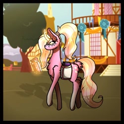 Size: 768x768 | Tagged: safe, alternate version, artist:shadow heart, luster dawn, pony, unicorn, bag, book, building, chest fluff, female, glowing horn, hairband, horn, magic, mare, outdoors, saddle bag, solo, telekinesis, tree