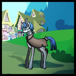 Size: 768x768 | Tagged: safe, alternate version, artist:shadow heart, stygian, pony, unicorn, building, cloak, clothes, freckles, male, outdoors, solo, stallion