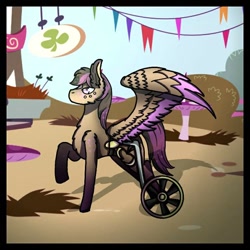 Size: 768x768 | Tagged: safe, alternate version, artist:shadow heart, stellar eclipse, pegasus, pony, chest fluff, ear fluff, freckles, male, outdoors, raised hoof, solo, stallion, wheelchair