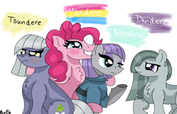 Size: 2407x1548 | Tagged: safe, artist:artisticcupcakezz, artist:parclytaxel, derpibooru import, limestone pie, marble pie, maud pie, pinkie pie, earth pony, pony, blushing, chest fluff, dandere, female, frown, grin, kuudere, mare, pie sisters, scrunchy face, siblings, simple background, sisters, sitting, smiling, tsundere, white background, yandere, yandere pie