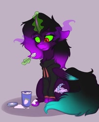 Size: 750x927 | Tagged: safe, artist:applebutter.artz, oc, oc only, alicorn, pony, alicorn oc, clothes, dark magic, dropped ice cream, female, food, glowing horn, hoodie, horn, ice cream, magic, mare, simple background, sitting, solo, sombra eyes, spoon, telekinesis, wings