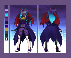Size: 4856x4000 | Tagged: safe, artist:wildpaper, oc, oc only, oc:dawn sentry, anthro, bat pony, bat wings, bodysuit, boots, clothes, cyberpunk, dyed mane, reference sheet, shoes, solo, trenchcoat, visor, wings