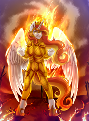 Size: 2940x3987 | Tagged: safe, oc, oc:king phoenix, alicorn, anthro, alicorn oc, armor, fire, horn, male, male alicorn oc, wings