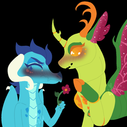 Size: 1000x1000 | Tagged: safe, artist:lepiswerid, princess ember, thorax, changedling, changeling, dragon, black background, blushing, blushing profusely, cute, dragoness, emberbetes, embrax, eyelashes, female, flower, insect wings, king thorax, lineless, male, marsverse, redesign, separated horn, shipping, simple background, sparkles, straight, thorabetes, wings