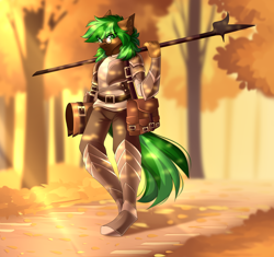 Size: 4000x3760 | Tagged: safe, artist:airiniblock, oc, oc only, oc:jaeger sylva, anthro, earth pony, armor, autumn, glasses, halberd, male, rcf community, weapon