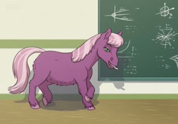 Size: 1280x897 | Tagged: safe, artist:haretrinity, cheerilee, earth pony, pony, adult blank flank, chalk, chalkboard, female, headcanon in the description, hoers, mare, missing cutie mark, mouth hold, realistic, shetland pony, solo