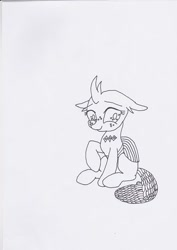 Size: 480x678 | Tagged: safe, artist:electric spark, oc, oc:exo the changeling, changedling, changeling, changedling oc, changeling oc, cute, exobetes, female, monochrome, one hoof raised, simple background, sitting, smiling, teenager, traditional art, white background, wip