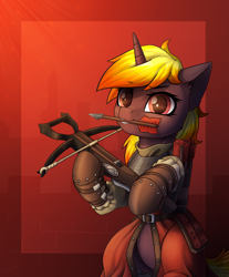 Size: 2486x3000 | Tagged: safe, artist:dipfanken, oc, oc only, pony, unicorn, armor, arrow, bipedal, chainmail, crossbow, mouth hold, solo