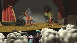 Size: 1280x720 | Tagged: safe, artist:horsesplease, trouble shoes, 3d, audience, bottle, can, drunk, drunken shoes, fire, galarian ponyta, gmod, mudsdale, musical instrument, piano, pokémon, ponyta, sign, stage, talk show, wooloo