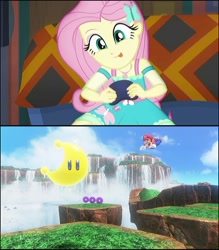 Size: 720x821 | Tagged: safe, edit, edited screencap, screencap, fluttershy, better together, equestria girls, game stream, cropped, cute, fluttershy plays, mario, nintendo, nintendo switch, playing video games, power moon, super mario bros., super mario odyssey, tongue out, video game