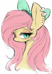 Size: 2039x2894 | Tagged: safe, artist:91o42, derpibooru import, fluttershy, pegasus, pony, bow, bust, cute, ear piercing, earring, female, hair bow, high res, jewelry, lidded eyes, mare, piercing, pixiv, portrait, profile, shyabetes, simple background, slit eyes, solo, white background