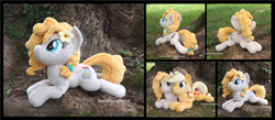 Size: 4028x1754 | Tagged: safe, artist:peruserofpieces, pear butter, earth pony, beanie, female, flower, flower in hair, hat, irl, mare, mother and child, mother and daughter, parent and child, photo, plushie, prone, smiling, solo, tree