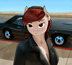 Size: 2195x1963 | Tagged: safe, artist:apocheck13, oc, anthro, pony, anthro oc, car, clothes, dodge (car), female, mare, solo