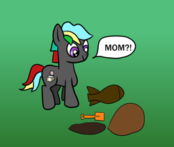 Size: 1600x1352 | Tagged: safe, artist:platinumdrop, oc, oc only, oc:grey disc, earth pony, bomb, colt, gradient background, male, simple background, solo, speech bubble, weapon