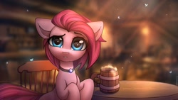 Size: 2727x1536 | Tagged: safe, artist:reterica, derpibooru import, pinkie pie, earth pony, pony, alternate hairstyle, chair, choker, cider, confused, crepuscular rays, female, looking at you, mare, mug, raised eyebrow, sitting, solo, table