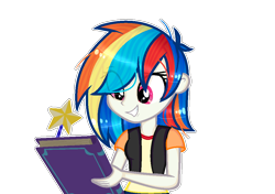 Size: 1020x720 | Tagged: safe, artist:lazuli, oc, oc only, oc:windy heart, equestria girls, book, clothes, equestria girls-ified, eye clipping through hair, female, grin, simple background, smiling, solo, transparent background, vest