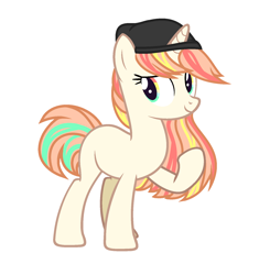 Size: 1600x1700 | Tagged: safe, artist:lazuli, oc, oc only, pony, unicorn, hat, horn, rainbow eyes, simple background, smiling, solo, unicorn oc, white background