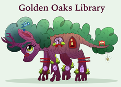 Size: 2785x2000 | Tagged: safe, artist:pink-pone, bee, insect, object pony, original species, plant pony, pony, glasses, golden oaks library, leaf, ponified, ponified building, species swap, tree, tree pony, window