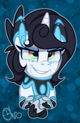 Size: 362x556 | Tagged: safe, artist:chrono_logic, oc, oc only, oc:iris, robot, unicorn, female, mare, rainbow eyes, simple background, smug, solo