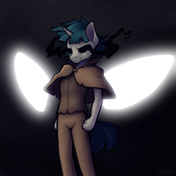 Size: 2000x2000 | Tagged: safe, artist:ohemo, pony of shadows, stygian, anthro, unicorn, atg 2020, blank eyes, clothes, glowing eyes, male, newbie artist training grounds, pants, solo