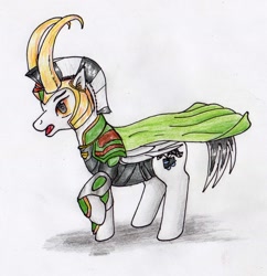 Size: 1919x1984 | Tagged: safe, artist:40kponyguy, derpibooru exclusive, oc, oc only, oc:zoomer, pegasus, cape, clothes, cosplay, costume, loki, male, marvel, pegasus oc, requested art, simple background, solo, stallion, traditional art, wings