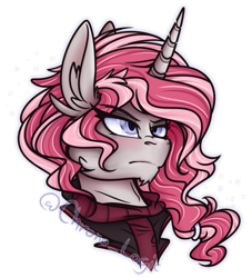 Size: 465x512 | Tagged: safe, artist:chrono_logic, oc, oc only, oc:casp revenant, alicorn, clothes, ethereal mane, male, pink, serious, simple background, solo, stallion, sweater, transparent background