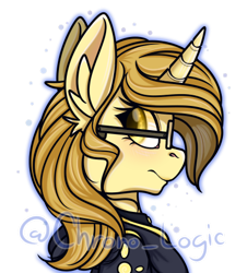 Size: 419x464 | Tagged: safe, artist:chrono_logic, oc, oc only, oc:chronologic disorder, unicorn, blushing, clothes, female, glasses, long ears, mare, robe, simple background, solo, transparent background