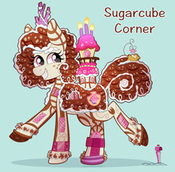 Size: 1280x1256 | Tagged: safe, alternate version, artist:pink-pone, pony, candle, cupcake, door, food, freckles, mailbox, nest, ponified, ponified building, smiling, solo, sugarcube corner, window