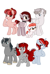 Size: 1024x1518 | Tagged: safe, artist:mikoneerd, oc, oc only, oc:cherry ink, oc:cutie rose, oc:diamond jewel, oc:moonstone mark, oc:nightmare blood, oc:peach pit, oc:silver mane, earth pony, pegasus, pony, unicorn, female, male, mare, simple background, stallion, transparent background