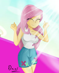 Size: 2800x3500 | Tagged: safe, artist:danielitamlp, fluttershy, better together, equestria girls, breasts, clothes, crepuscular rays, cute, eyes closed, female, high res, hootershy, shorts, shyabetes, signature, smiling, solo