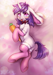 Size: 1852x2600 | Tagged: safe, artist:zefirka, oc, oc only, oc:lapush buns, unicorn, abstract background, bowtie, bunny ears, bunnycorn, carrot, clothes, cute, food, male, socks, solo, stallion, tongue out, underhoof