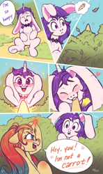 Size: 1668x2813 | Tagged: safe, artist:amishy, oc, oc only, oc:lapush buns, oc:sheron, pony, unicorn, angry, bait and switch, bunny ears, bunnycorn, bush, carrot, comic, crying, female, food, heart, horn bite, hungry, male, mare, stallion, stomach growl, stomach noise, straight, teary eyes, thinking