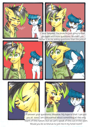 Size: 3336x4776 | Tagged: safe, artist:tillie-tmb, oc, oc:meadow lark, oc:tempest, earth pony, pony, unicorn, comic:the amulet of shades, bag, female, mare, saddle bag