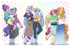 Size: 4000x2601 | Tagged: safe, artist:djkaskan, cloudy quartz, cookie crumbles, pear butter, posey shy, twilight velvet, windy whistles, anthro, earth pony, pegasus, unguligrade anthro, unicorn, arm hooves, carrying, clothes, female, glasses, hug, mare, mom six, pants, pregnant, skirt, winghug