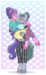 Size: 1580x2601 | Tagged: safe, artist:djkaskan, cloudy quartz, cookie crumbles, anthro, earth pony, unguligrade anthro, unicorn, arm hooves, carrying, clothes, duo, female, glasses, mare, skirt, trousers