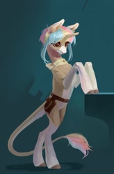 Size: 1417x2160 | Tagged: safe, artist:yanisfucker, oc, oc only, classical unicorn, pony, unicorn, bipedal, cloven hooves, leonine tail, pale belly, rainbow hair, simple background, solo, standing up, unshorn fetlocks