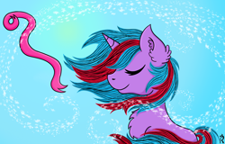 Size: 3000x1920 | Tagged: safe, artist:dawn-designs-art, oc, oc:cosmic spark, pony, unicorn, female, horn, mare, pink ribbon, purple coat, ribbon, solo, unicorn oc, windswept mane