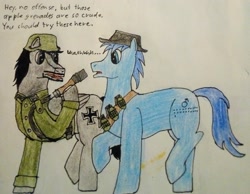 Size: 2139x1664 | Tagged: safe, artist:überreaktor, oc, oc:iron cross, oc:p-21, earth pony, pegasus, pony, fallout equestria, fallout equestria: project horizons, clothes, desperado hat, fanfic art, grenade, male, stahlhelm, stielhandgranate, talking, traditional art, uniform