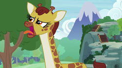 Size: 1920x1080 | Tagged: safe, screencap, clementine, giraffe, she talks to angel, female, open mouth, solo, tongue out, tree