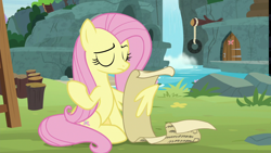 Size: 1920x1080 | Tagged: safe, derpibooru import, screencap, angel bunny, fluttershy, pegasus, pony, she talks to angel, body swap, checklist, eyes closed, female, mare, scroll, shrug, sweet feather sanctuary, waterfall, wing hands, wings