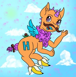 Size: 1280x1291 | Tagged: safe, artist:dawn-designs-art, oc, oc:hoofs, alicorn, pony, abomination, april fools 2020, banana, cloud, deviantart, food, i'm so sorry, i'm sorry, looking at you, male, sky, snail, solo, stallion