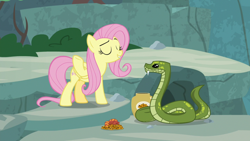 Size: 1920x1080 | Tagged: safe, derpibooru import, screencap, angel bunny, antoine, fluttershy, fire lizard, gecko, lizard, pegasus, pony, snake, she talks to angel, body swap, cookie, cookie jar, eyes closed, female, food, mare, raised hoof, snake treat