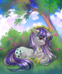 Size: 2333x2816 | Tagged: safe, artist:hakaina, oc, oc only, oc:meadow blossom, pony, unicorn, bush, female, flower, looking at you, looking sideways, mare, prone, solo, tree