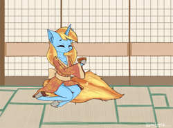 Size: 2700x2000 | Tagged: safe, artist:kamikazelenna, oc, oc only, oc:skydreams, pony, semi-anthro, commission, eyes closed, female, fluffy tail, food, japanese, mare, smiling, solo, tatami mat, tea, ych result, yukata