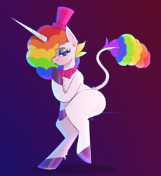 Size: 2534x2767 | Tagged: safe, artist:thotdog, artist:thotdoggg, oc, oc only, oc:crystal, pony, unicorn, beauty mark, bimbo, blue eyeshadow, blue lipstick, bowtie, clown, ear piercing, earring, eyeshadow, female, hat, horn, jewelry, lipstick, makeup, piercing, solo, tail