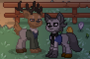 Size: 182x120 | Tagged: safe, deer, deer pony, original species, pony, wolf, wolf pony, antlers, beastars, clothes, crossover, duo, legosi (beastars), louis (beastars), male, necktie, night, pixel art, ponified, pony town