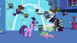 Size: 1920x1080 | Tagged: safe, derpibooru import, screencap, spike, twilight sparkle, unicorn twilight, dragon, pony, unicorn, friendship is magic, book, bookshelf, hourglass, twilight's canterlot home, window